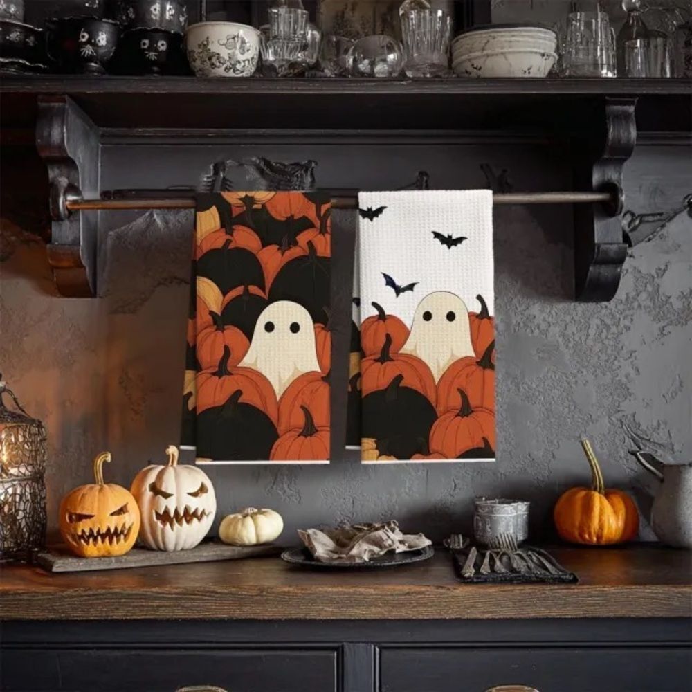 NEW 2pcs Spooky Ghost Pumpkin Microfiber Dish Towel Set Kitchen Towels Halloween